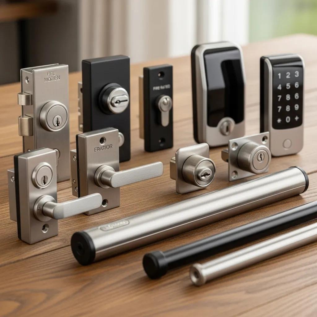 Close-up of different types of residential fire escape locks including single motion egress locks and panic bars