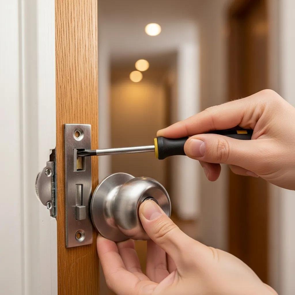 Close-up of hand installing a door knob and latch, highlighting the installation process