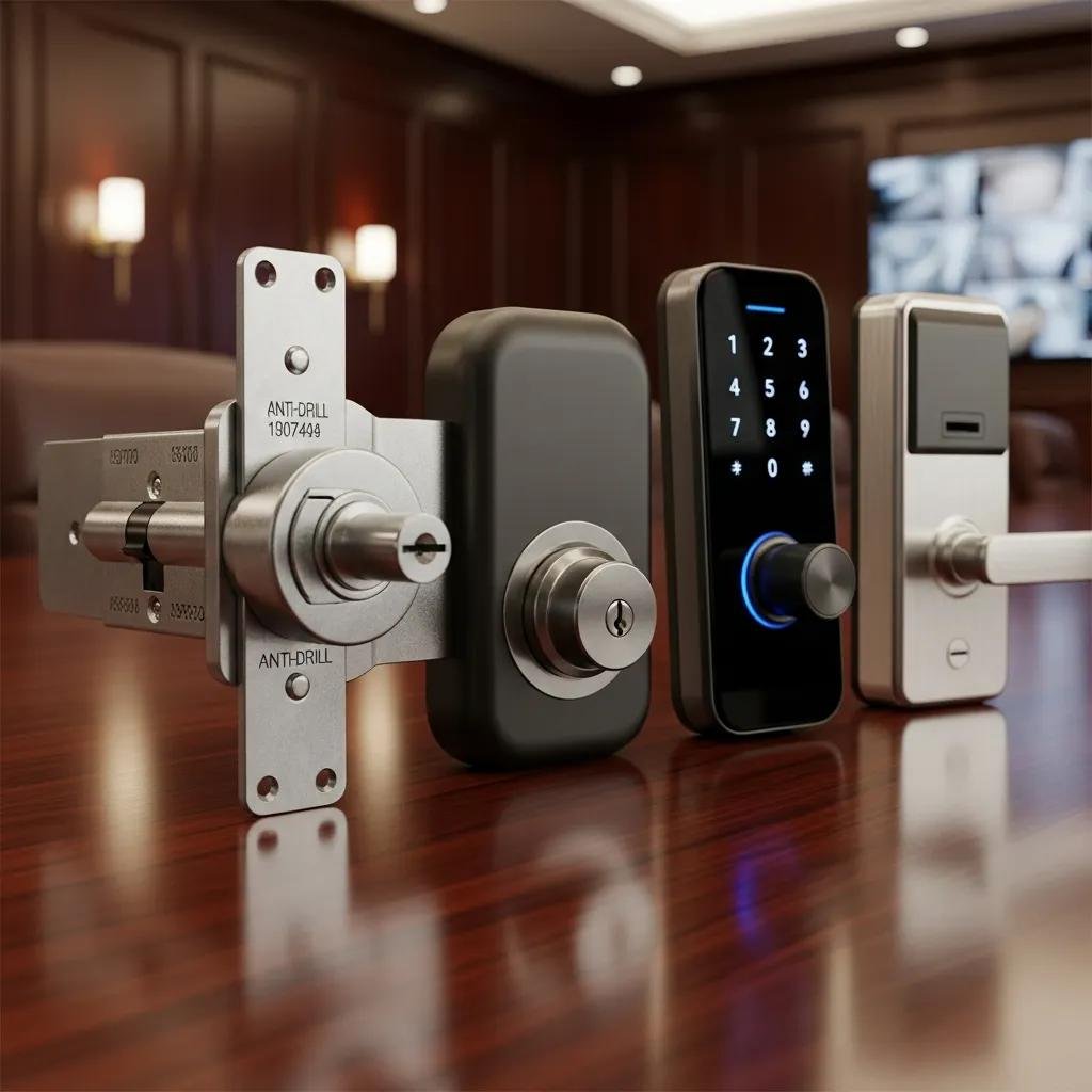 Close-up of high-security locks showcasing advanced features for business safety