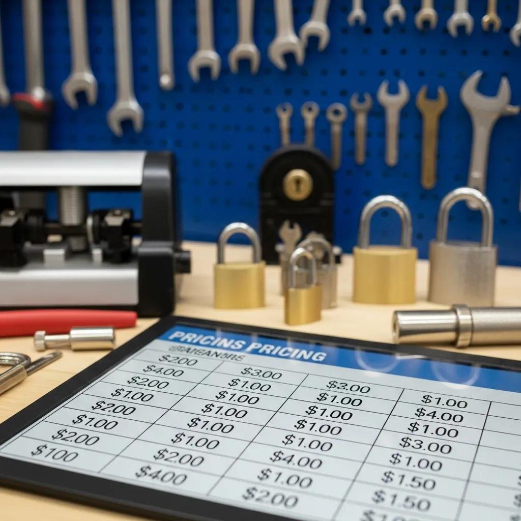 Close-up of a locksmith pricing sheet on a workbench, featuring service costs, surrounded by various locks and locksmith tools, illustrating pricing details relevant to locksmith services in Charlotte, NC.