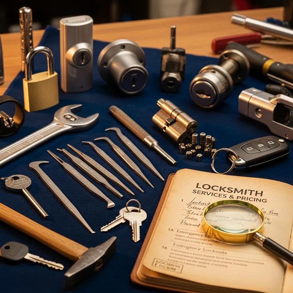 Locksmith tools and locks laid out on a workbench