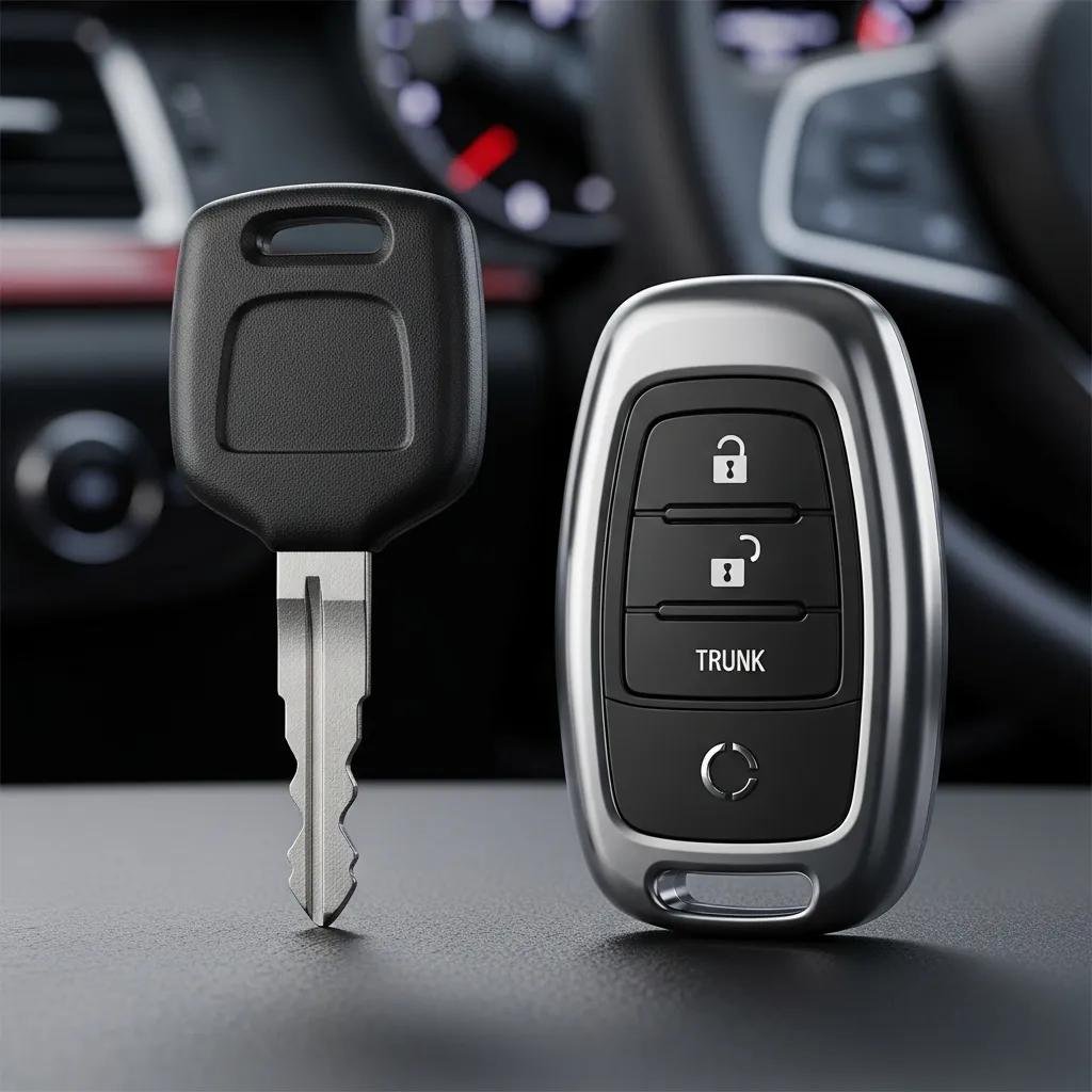 Close-up of a traditional car key and a smart key, highlighting features relevant to car key replacement and programming services offered by My Locksmith Express.