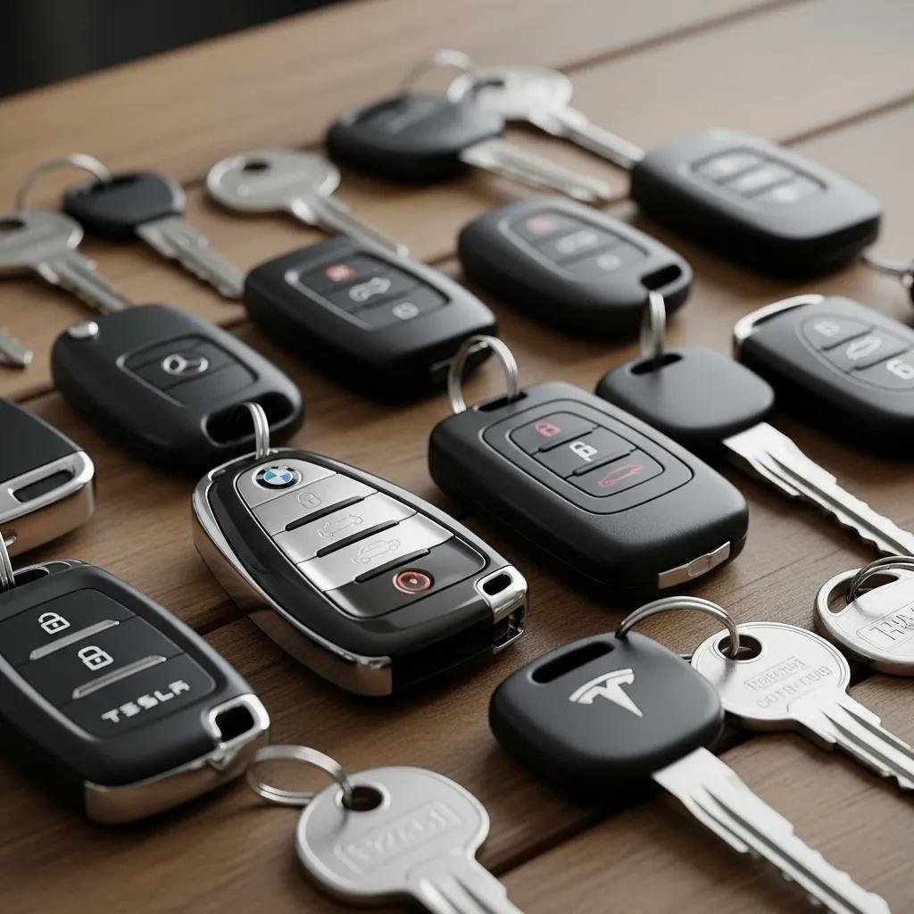 Close-up of various automotive keys including standard, transponder, and smart keys on a table