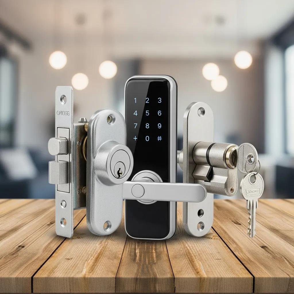 Smart lock with keypad, deadbolt, and key entry options on wooden surface, illustrating modern lock installation for enhanced security in residential and commercial properties.