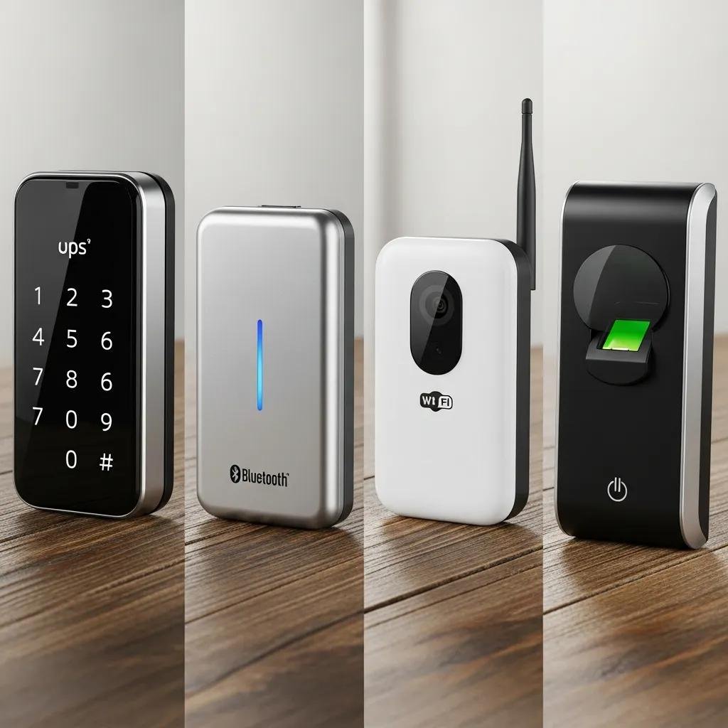 Collage of various smart locks: keypad, Bluetooth, Wi-Fi, and biometric, illustrating diverse security options