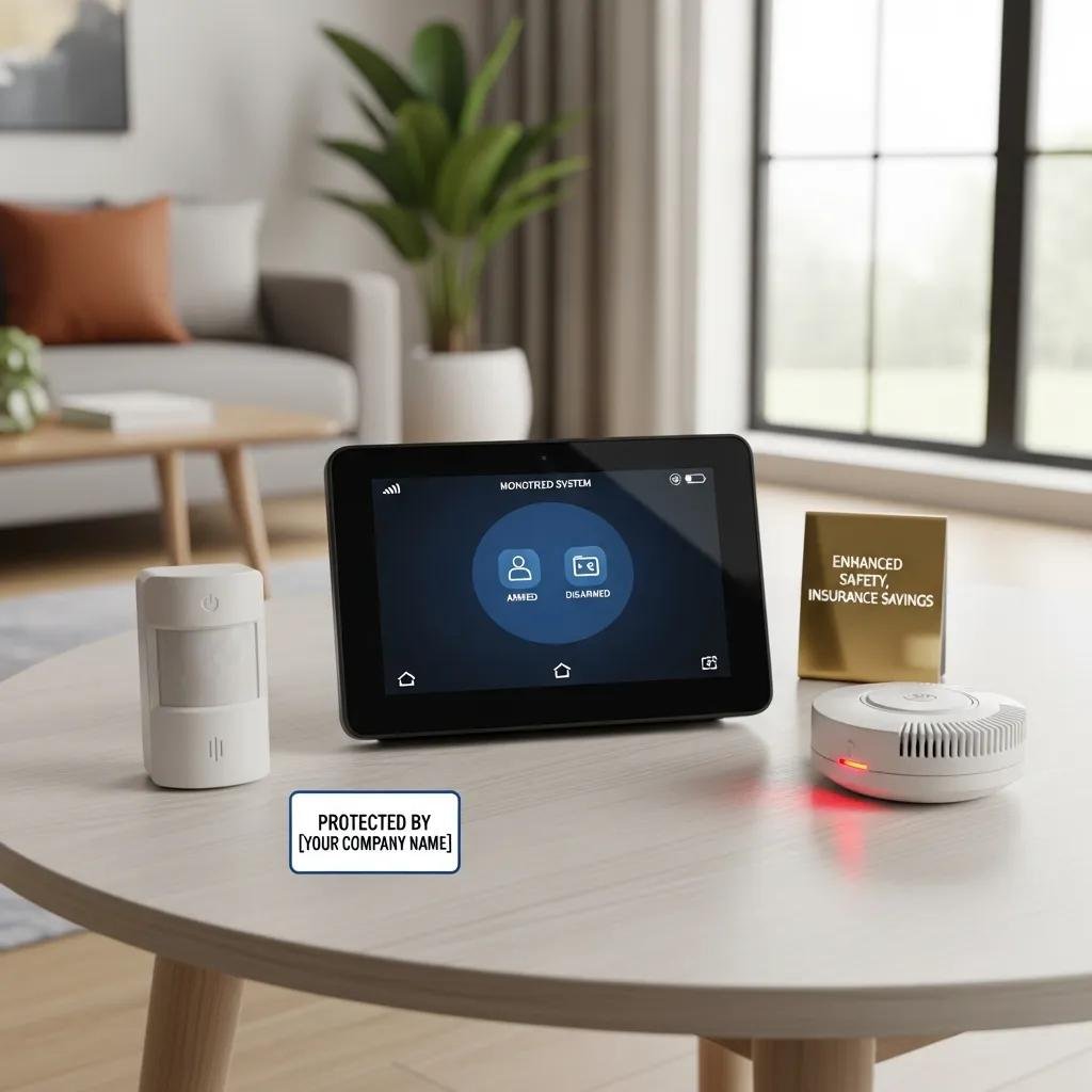 Home security devices including a tablet displaying a monitored system interface, a motion sensor, a smoke detector, and a sign indicating insurance savings, illustrating features that qualify for insurance discounts.