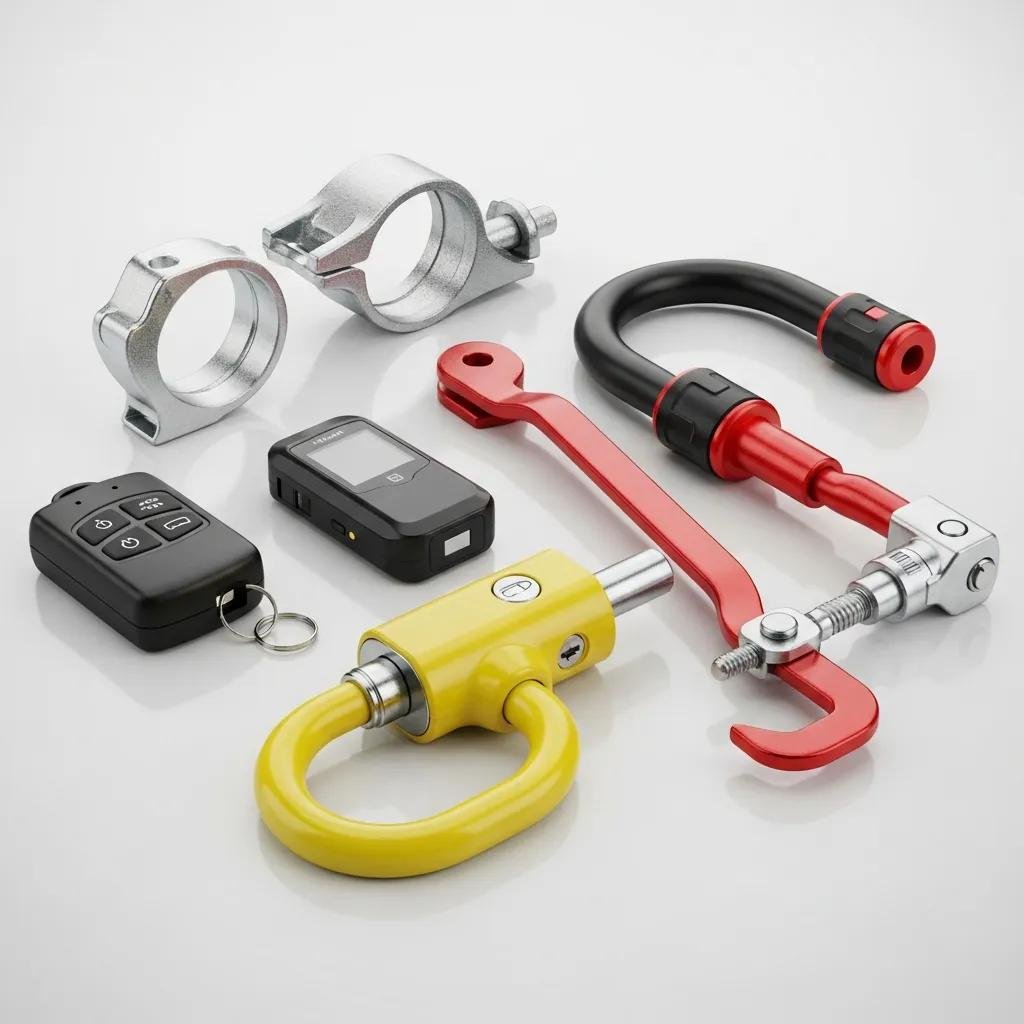 Collection of physical anti-theft devices including steering wheel lock and brake pedal lock, showcasing vehicle security options