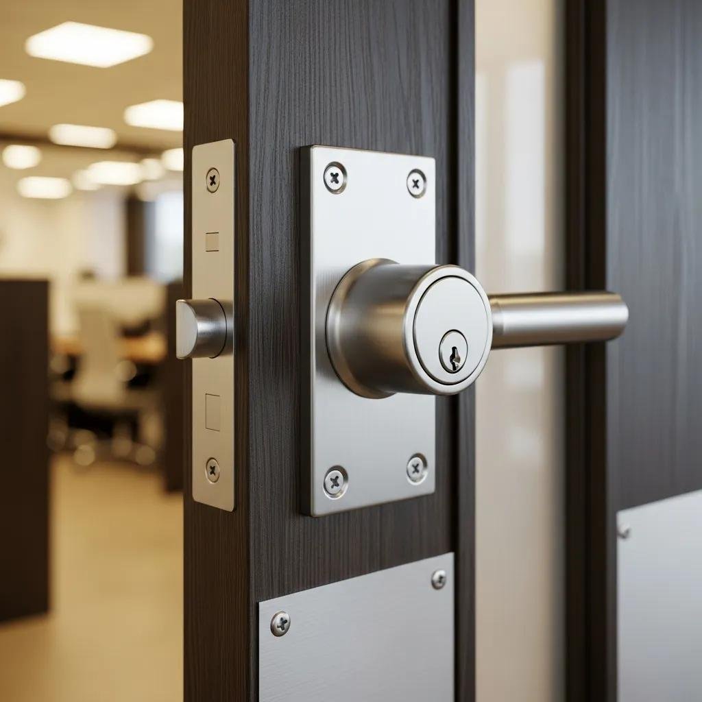 Commercial deadbolt lock showcasing its solid construction and security features
