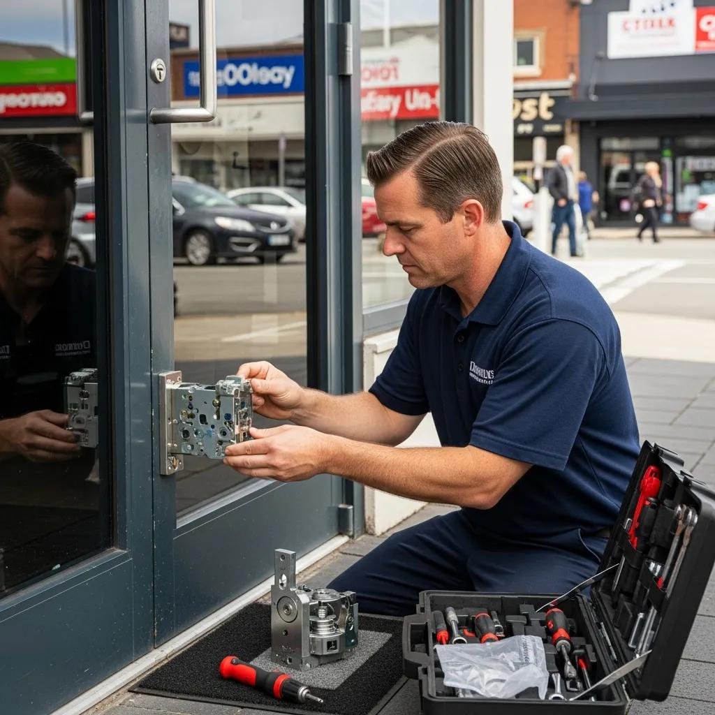 Commercial locksmith installing a high-security lock on a business door, highlighting enhanced security solutions for businesses