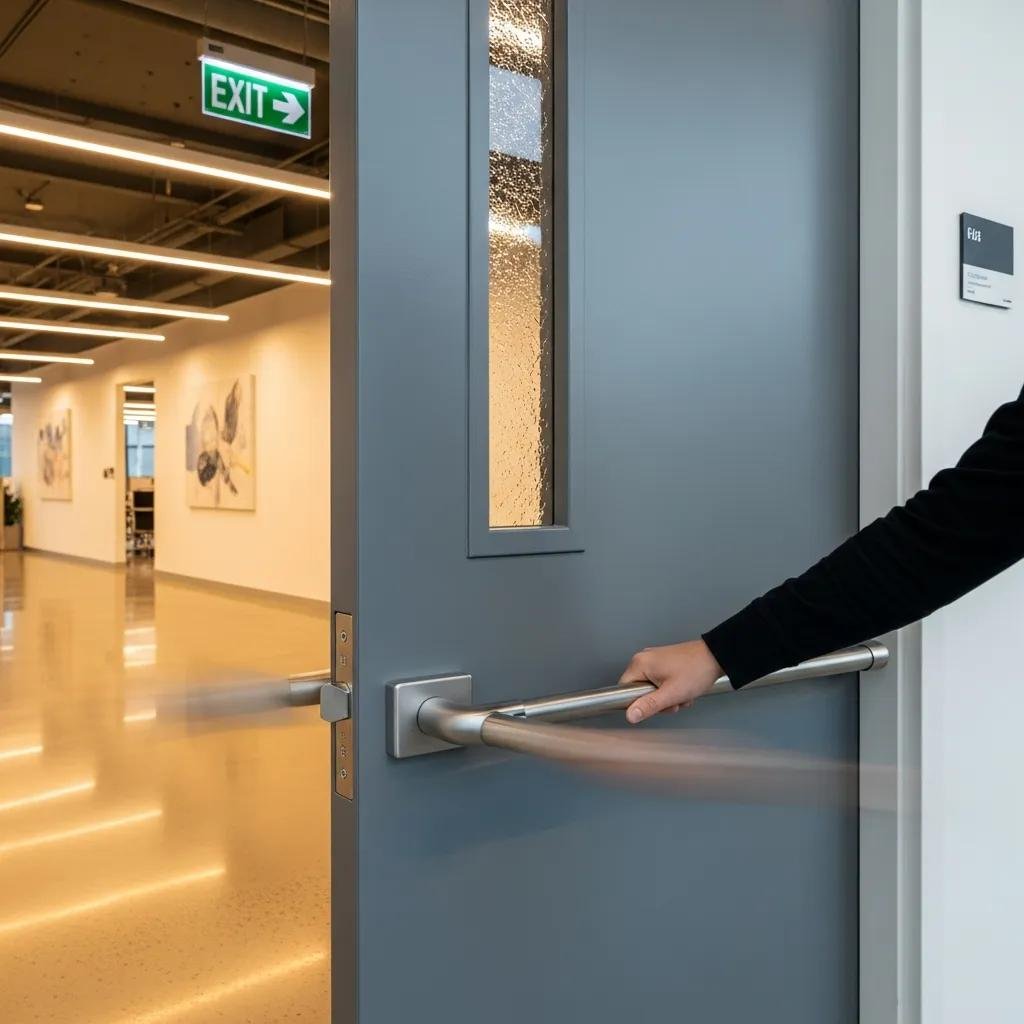 Commercial panic bar on an office door facilitating emergency exit