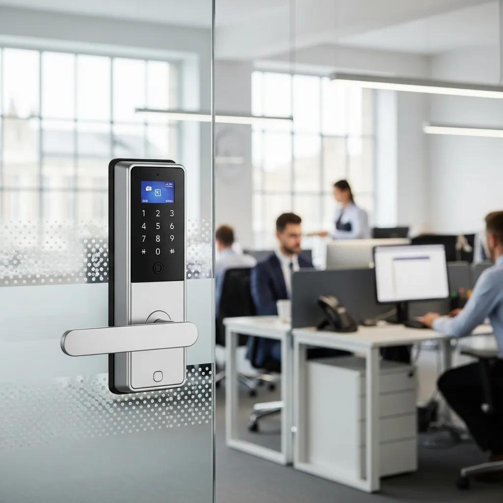 Commercial smart lock on an office door, highlighting security solutions for businesses