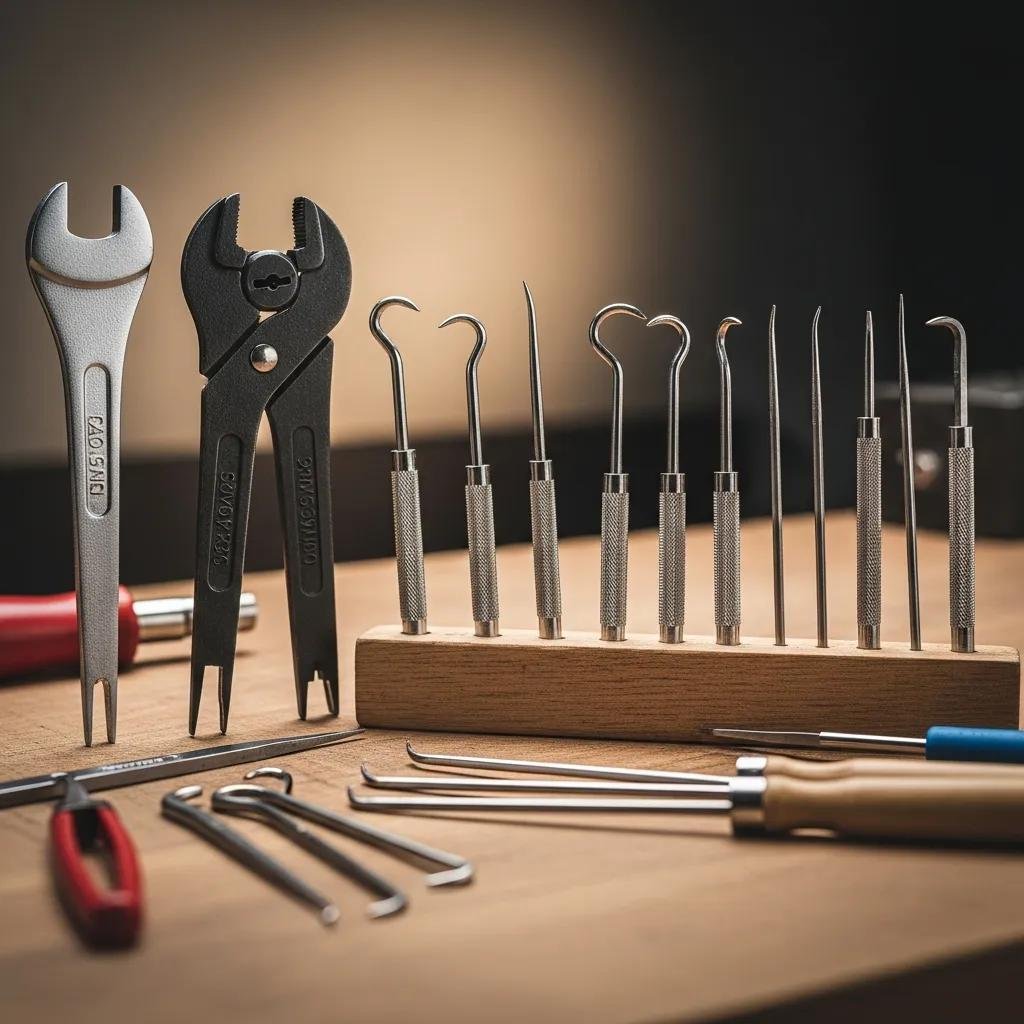 Common lock picking tools including tension wrenches and picks on a workbench