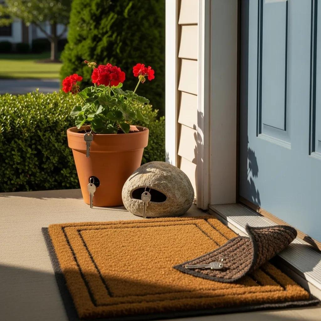 Common outdoor key hiding spots including doormat, flowerpot, and fake rock
