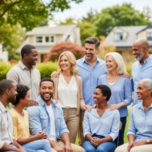 Community members participating in a Neighborhood Watch meeting outdoors, showcasing diversity and engagement