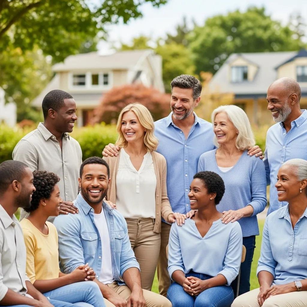 Community members participating in a Neighborhood Watch meeting outdoors, showcasing diversity and engagement
