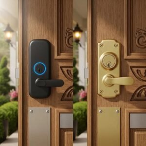 Comparison of a modern smart lock and a traditional lock at a home entrance, emphasizing security and innovation