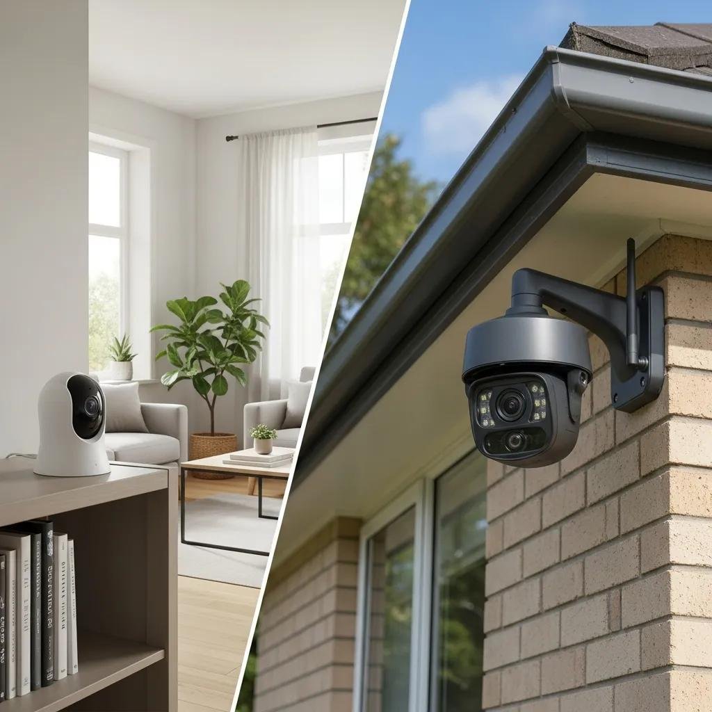 Indoor and outdoor security cameras displayed side-by-side, highlighting distinct designs for home surveillance and weather resistance.