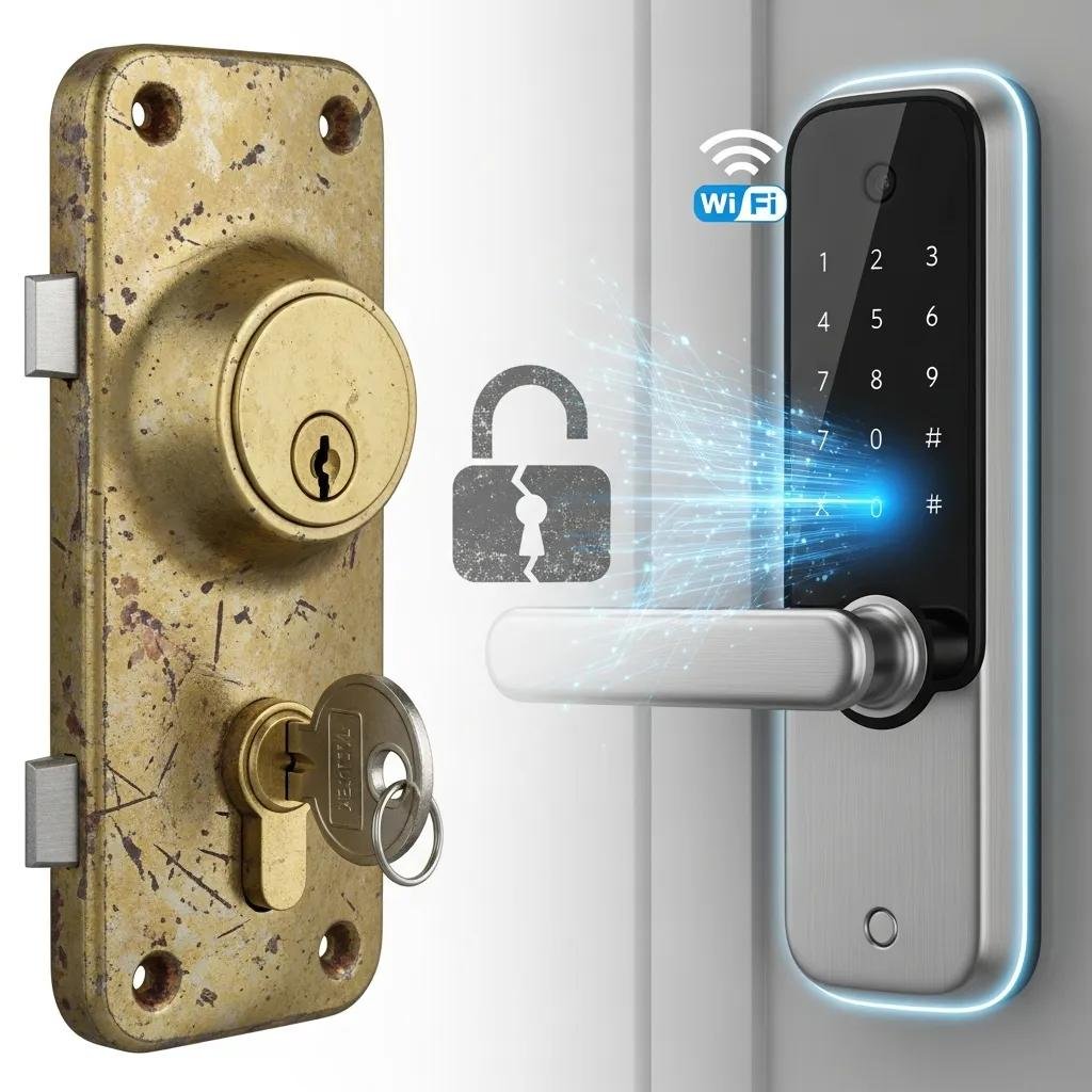 Comparison of old damaged lock and new smart lock, highlighting lock replacement options