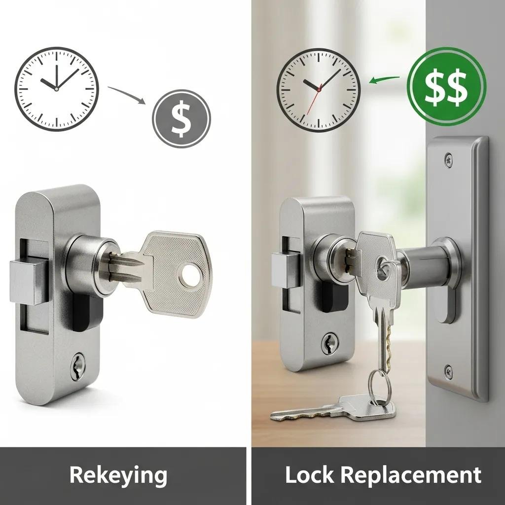 Comparison of rekeyed and replaced locks, highlighting cost and time differences