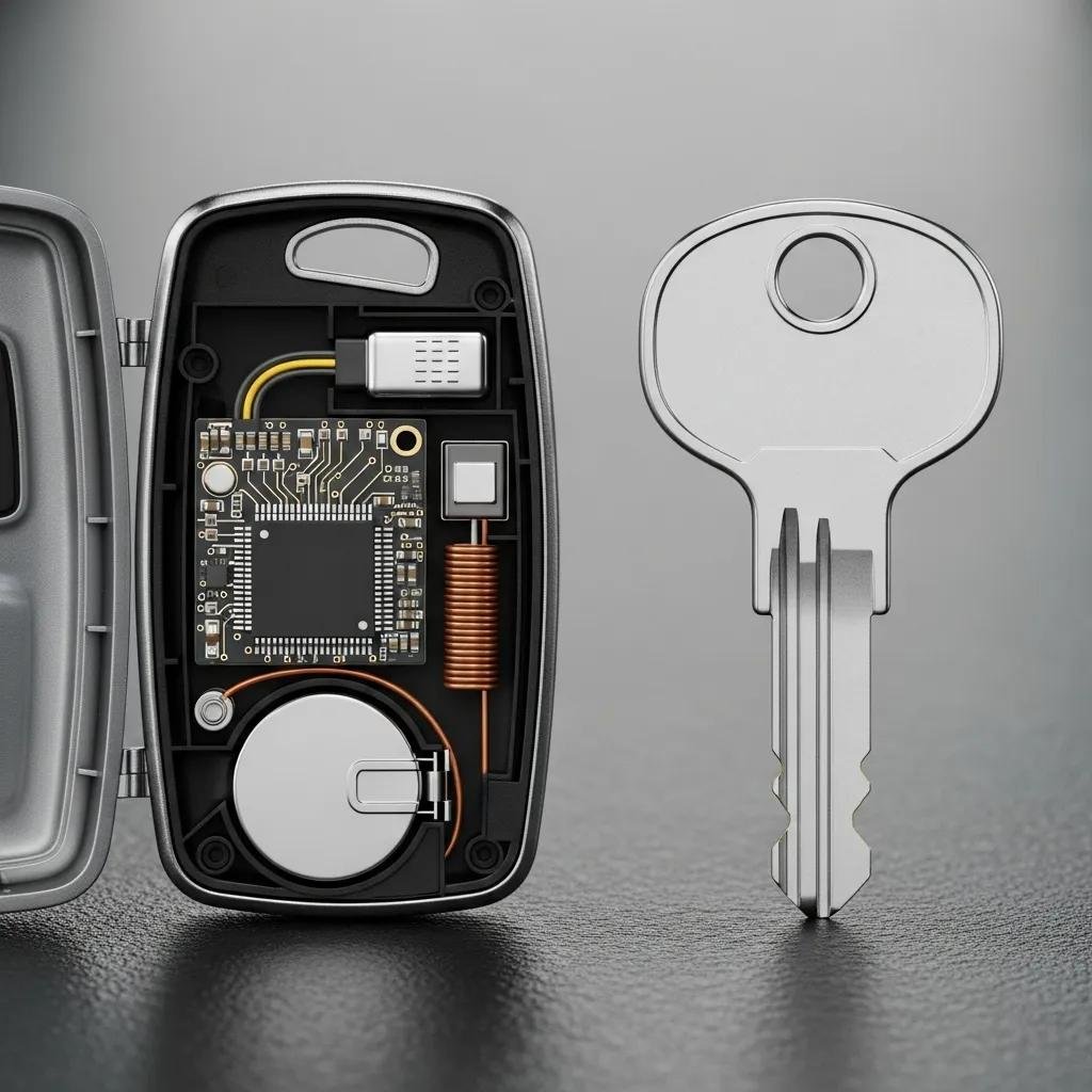 Side-by-side of a transponder key and a traditional metal key showing differences in design and electronics