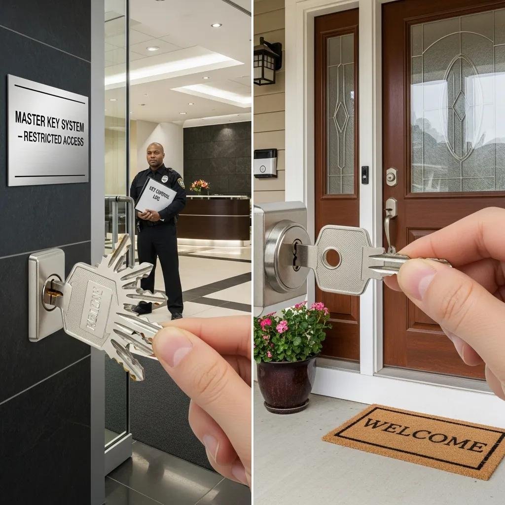 Contrasting scenes of commercial and residential key control regulations, highlighting differences in key duplication
