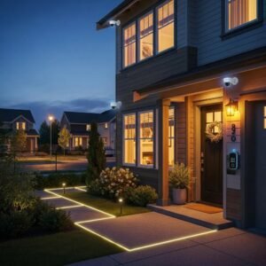 Cozy home exterior with modern security features emphasizing safety and comfort