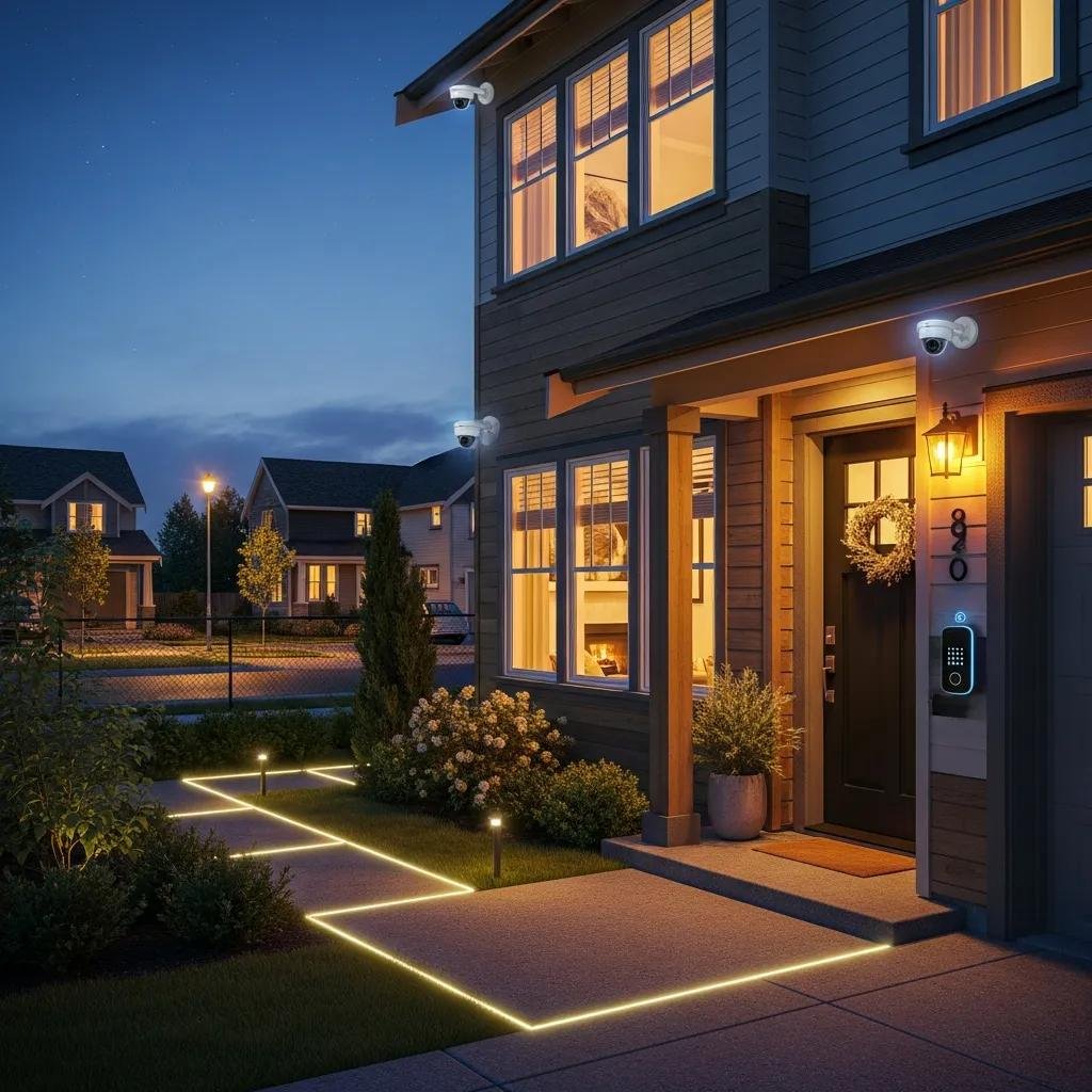 Cozy home exterior with modern security features emphasizing safety and comfort