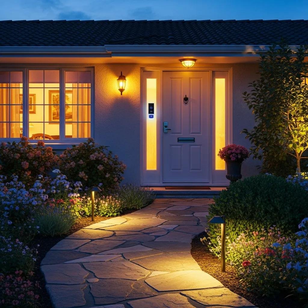 Cozy home exterior with secure front door and smart camera, emphasizing home security
