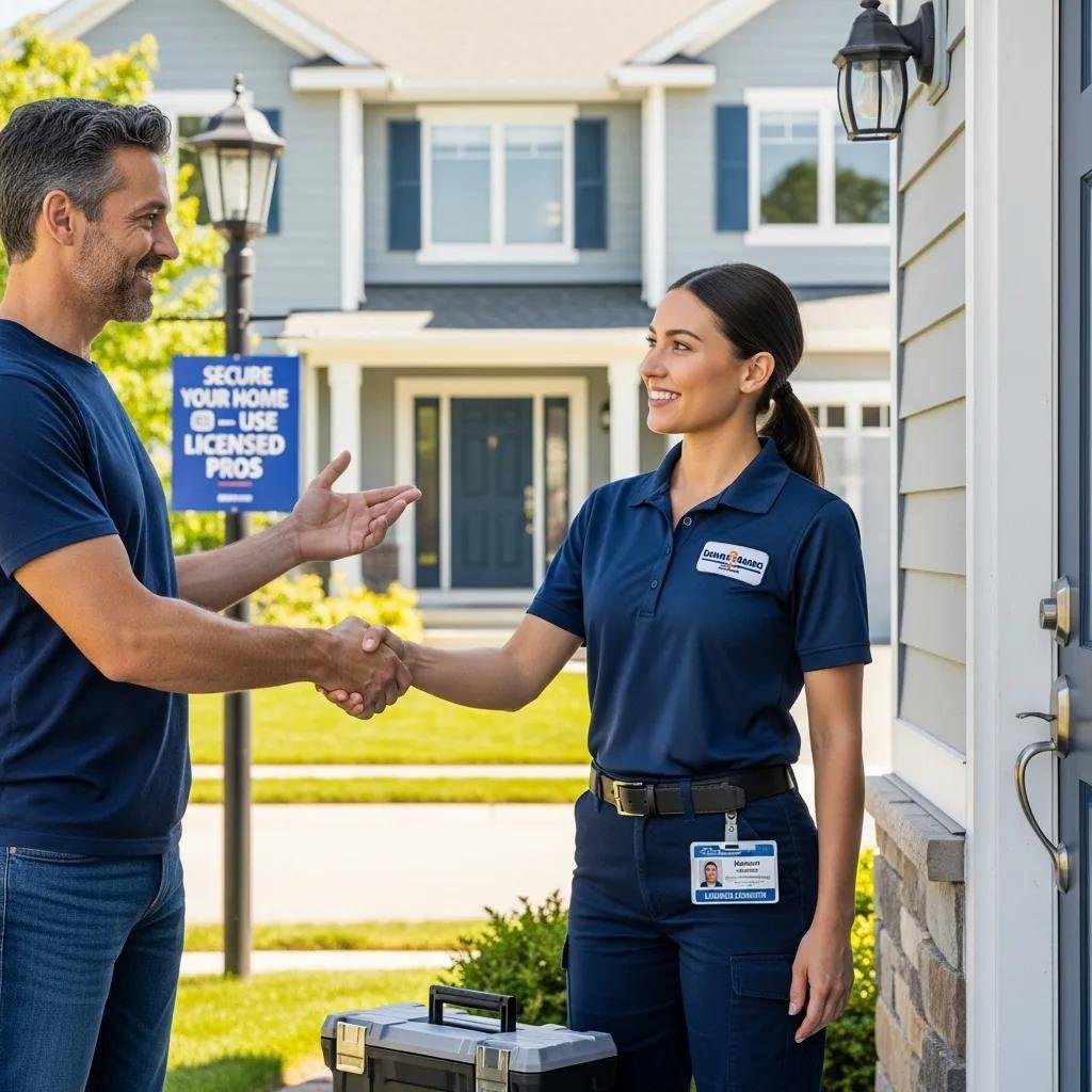 Customer shaking hands with a licensed locksmith outside a home, highlighting trust and professionalism in locksmith services