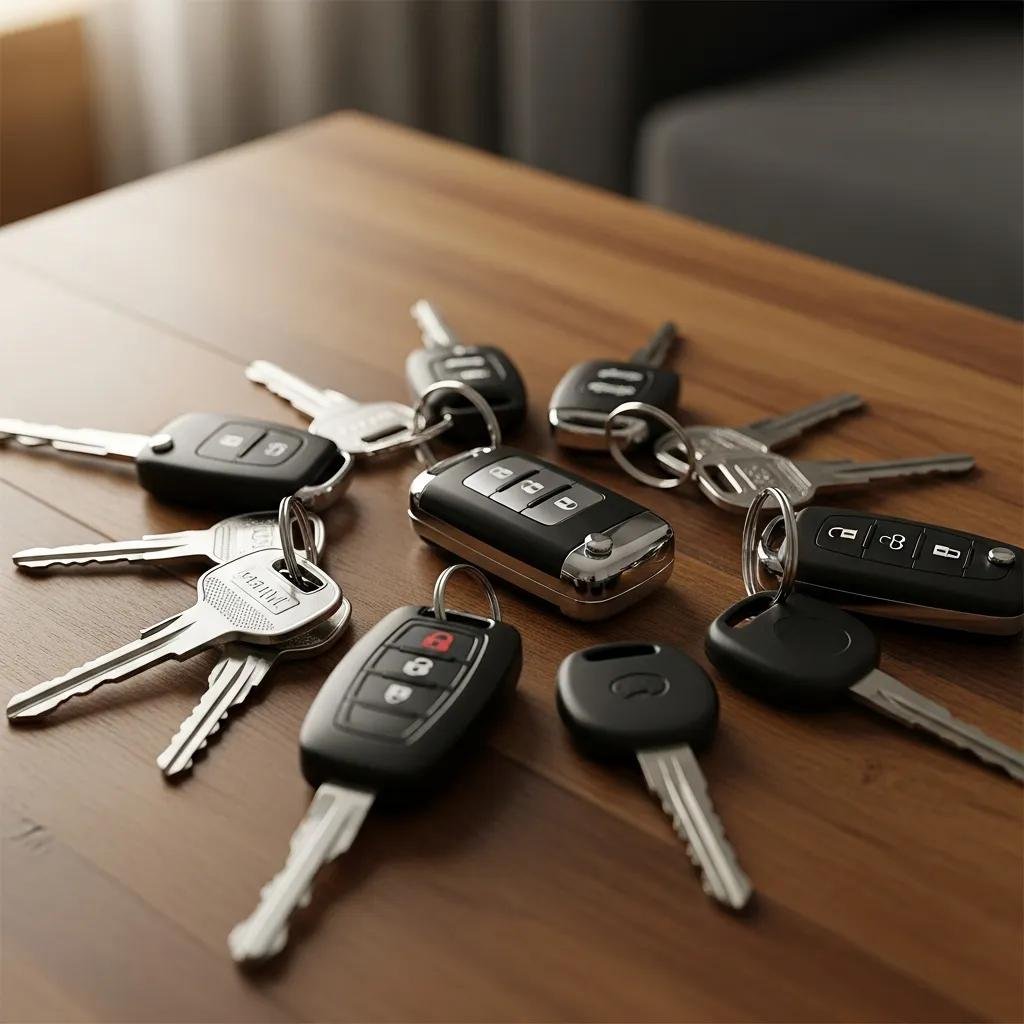 Different types of car keys including traditional, transponder, and key fobs