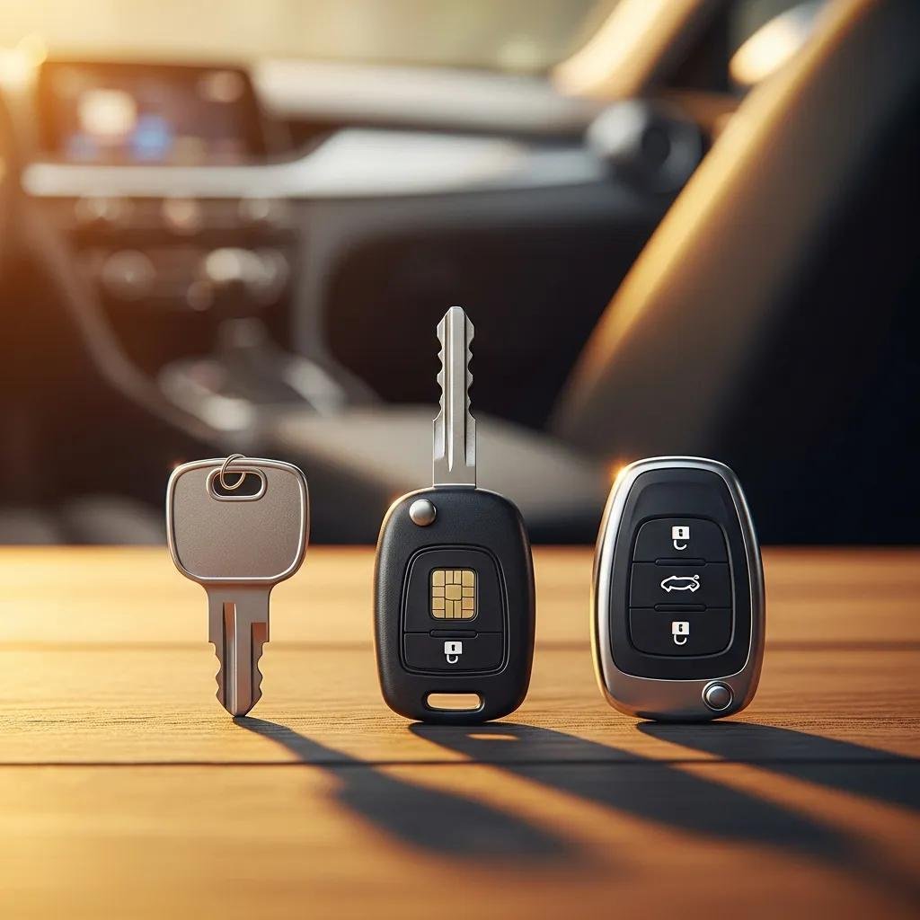 Different types of car keys including traditional, transponder, and smart key, showcasing key replacement options