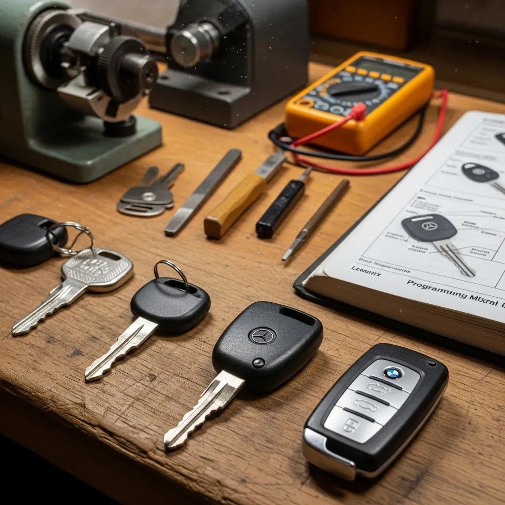 A selection of traditional, transponder, and smart car keys on a locksmith bench