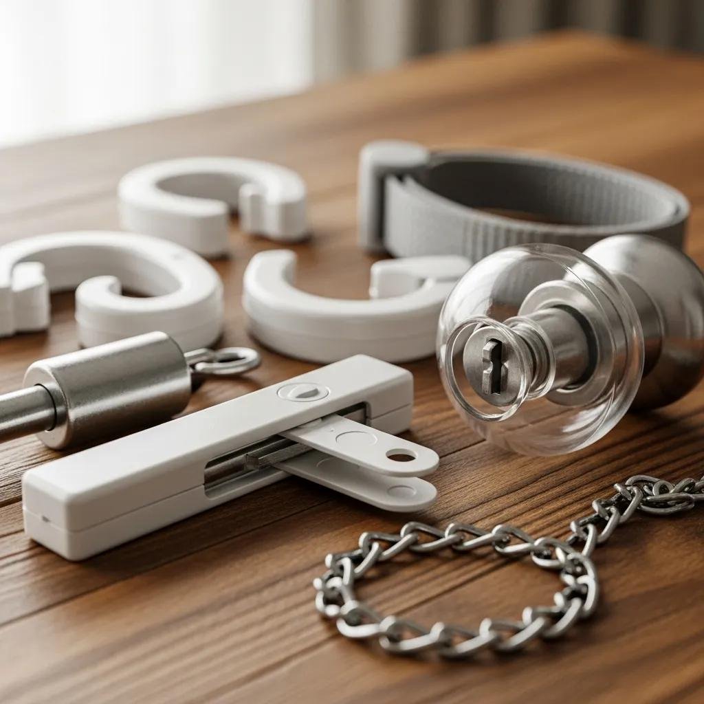 Different types of child safety locks, including sliding bolt locks, chain locks, and door knob covers, arranged on a wooden table, emphasizing childproofing solutions for residential doors.