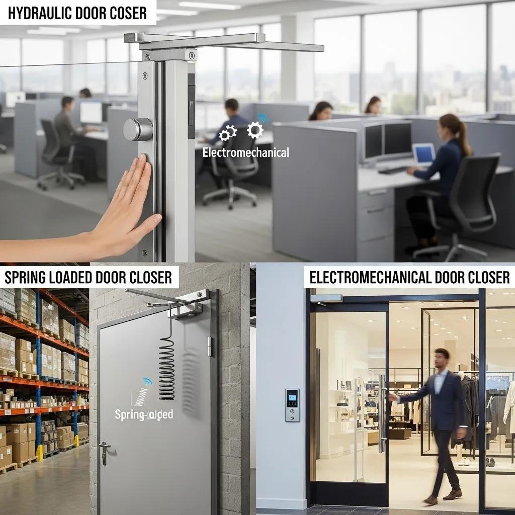 Different types of commercial door closers in a busy office setting, showcasing durability and efficiency