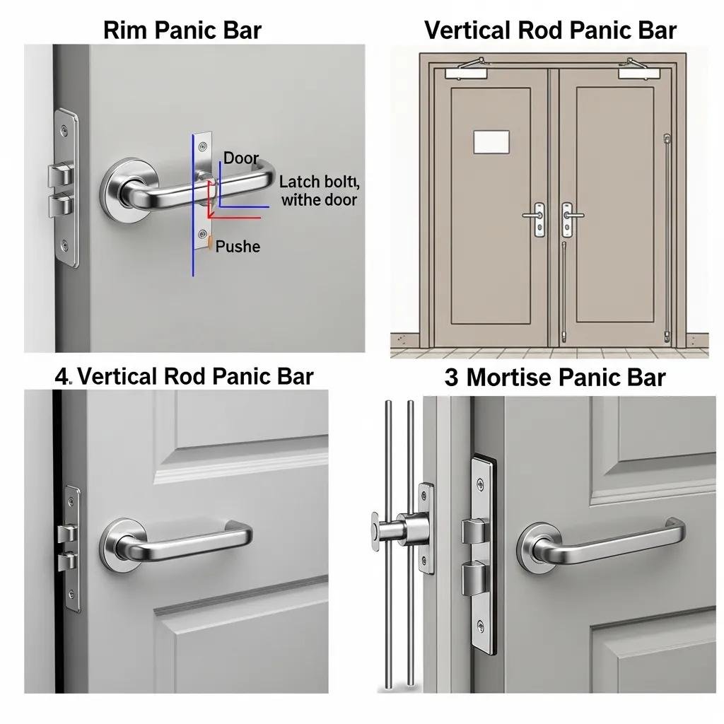 Different types of commercial panic bars: rim, vertical rod, and mortise