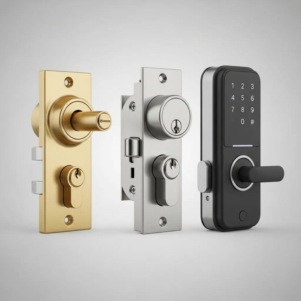 Different types of deadbolt locks including single-cylinder, double-cylinder, and smart deadbolt
