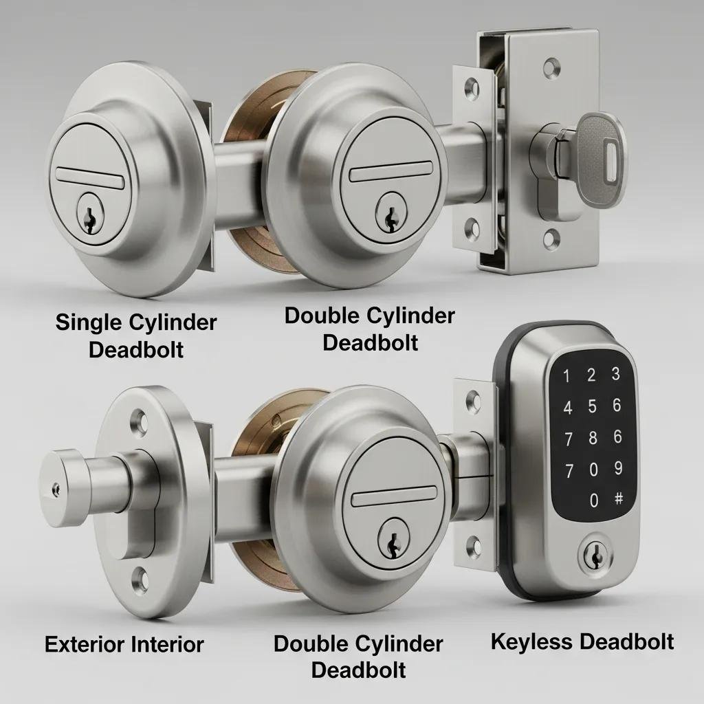 Different types of deadbolts: single cylinder, double cylinder, and keyless options