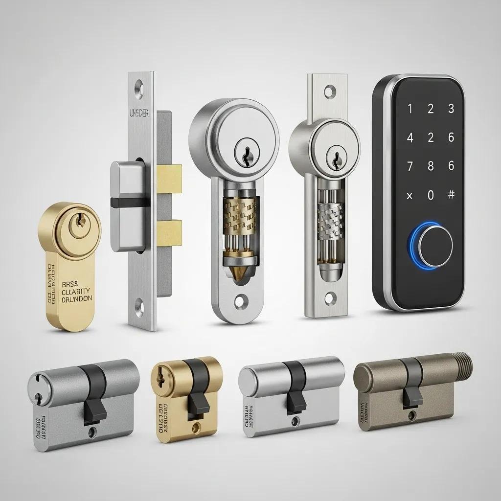 Different types of door lock cylinders including single, double, and smart locks