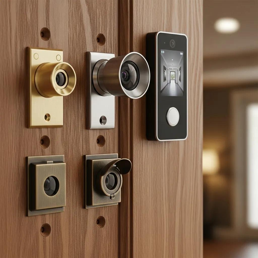 Different types of door peepholes, highlighting traditional and wide-angle features
