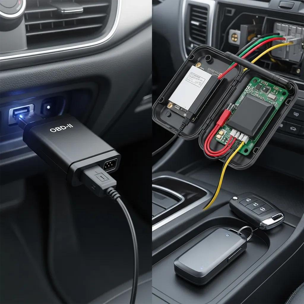 Different types of GPS car trackers including OBD-II, hardwired, and portable options