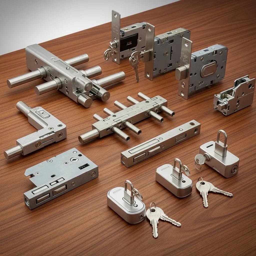 Different types of high-security window locks, including multi-point locks and keyed locks, displayed on a wooden surface, emphasizing home security solutions.