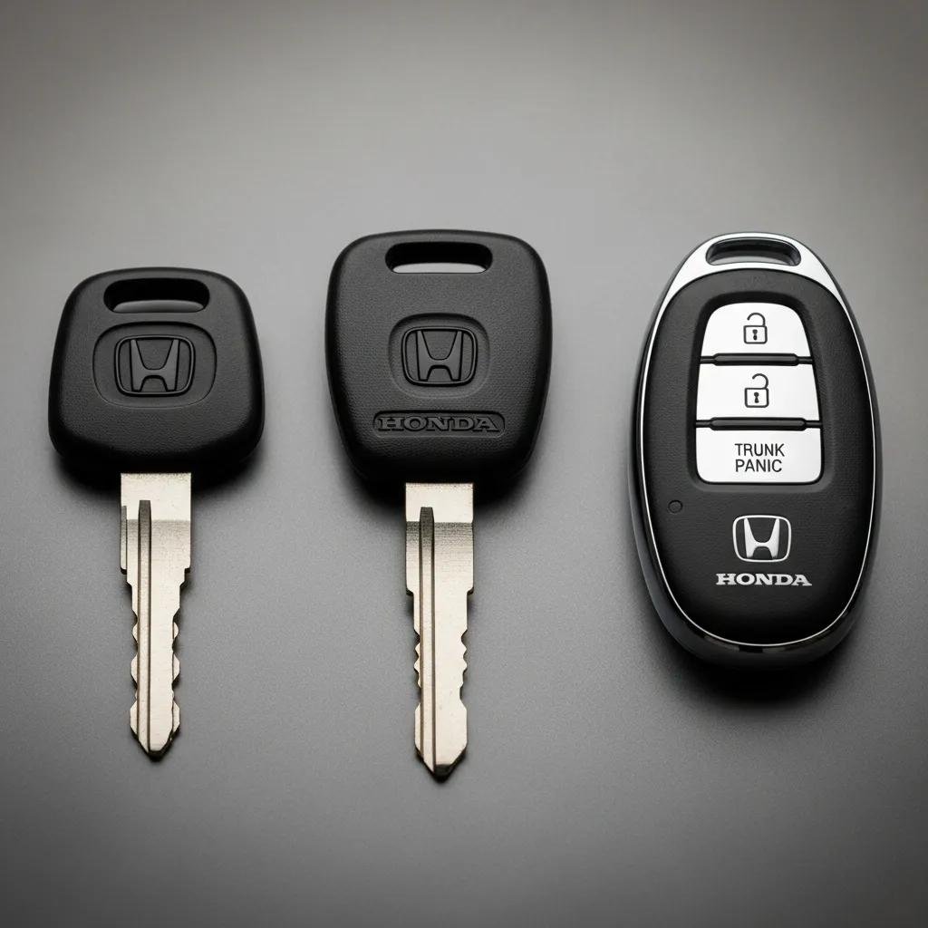 Different types of Honda keys including traditional, transponder, and smart keys