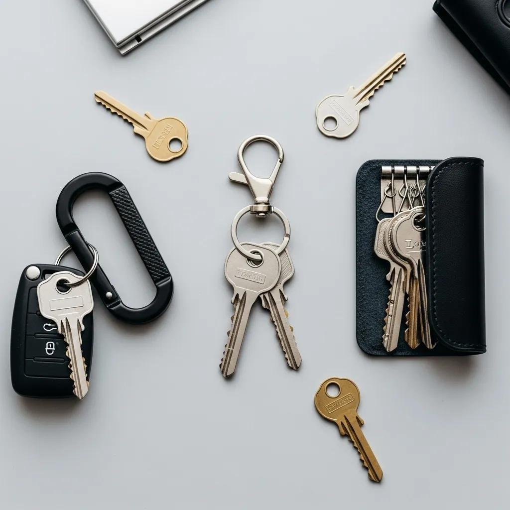 Different types of key holders displayed on a surface, showcasing options for key organization