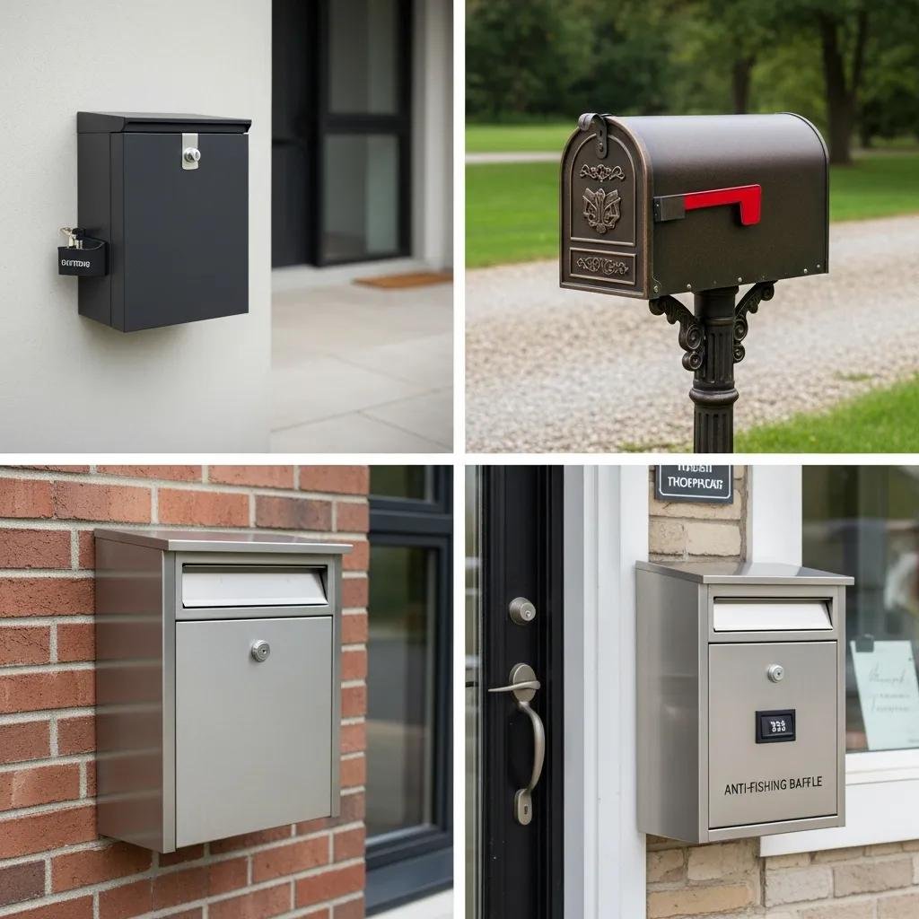 Different types of locking mailboxes showcasing unique features and security aspects, including wall-mounted, post-mounted, and drop-box styles, emphasizing residential security against mail theft.