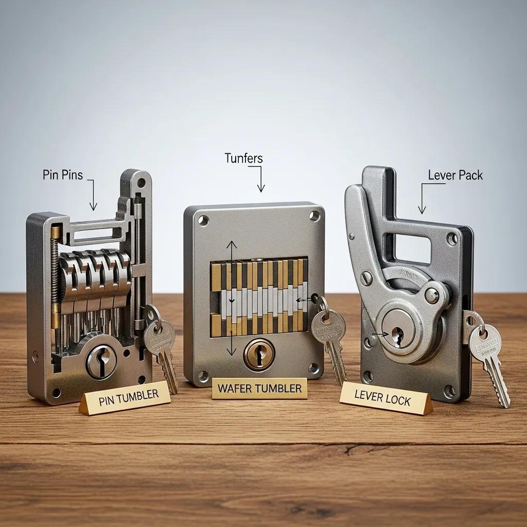Different types of mechanical locks including pin tumbler and lever locks on a table