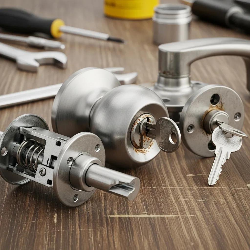 Different types of residential locks showing common issues like breakage and looseness
