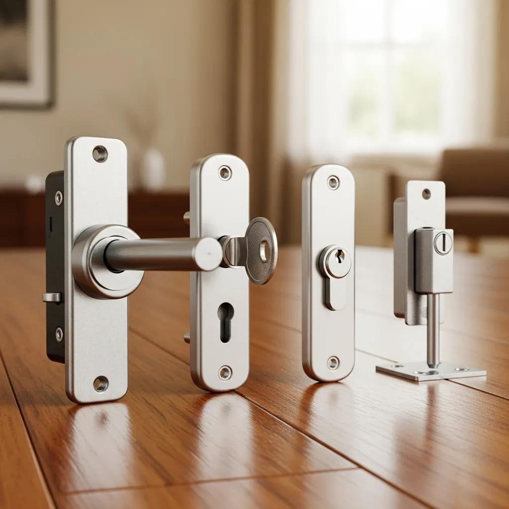 Different types of sliding door locks including deadbolt, keyed lock, and foot bolt lock for home security
