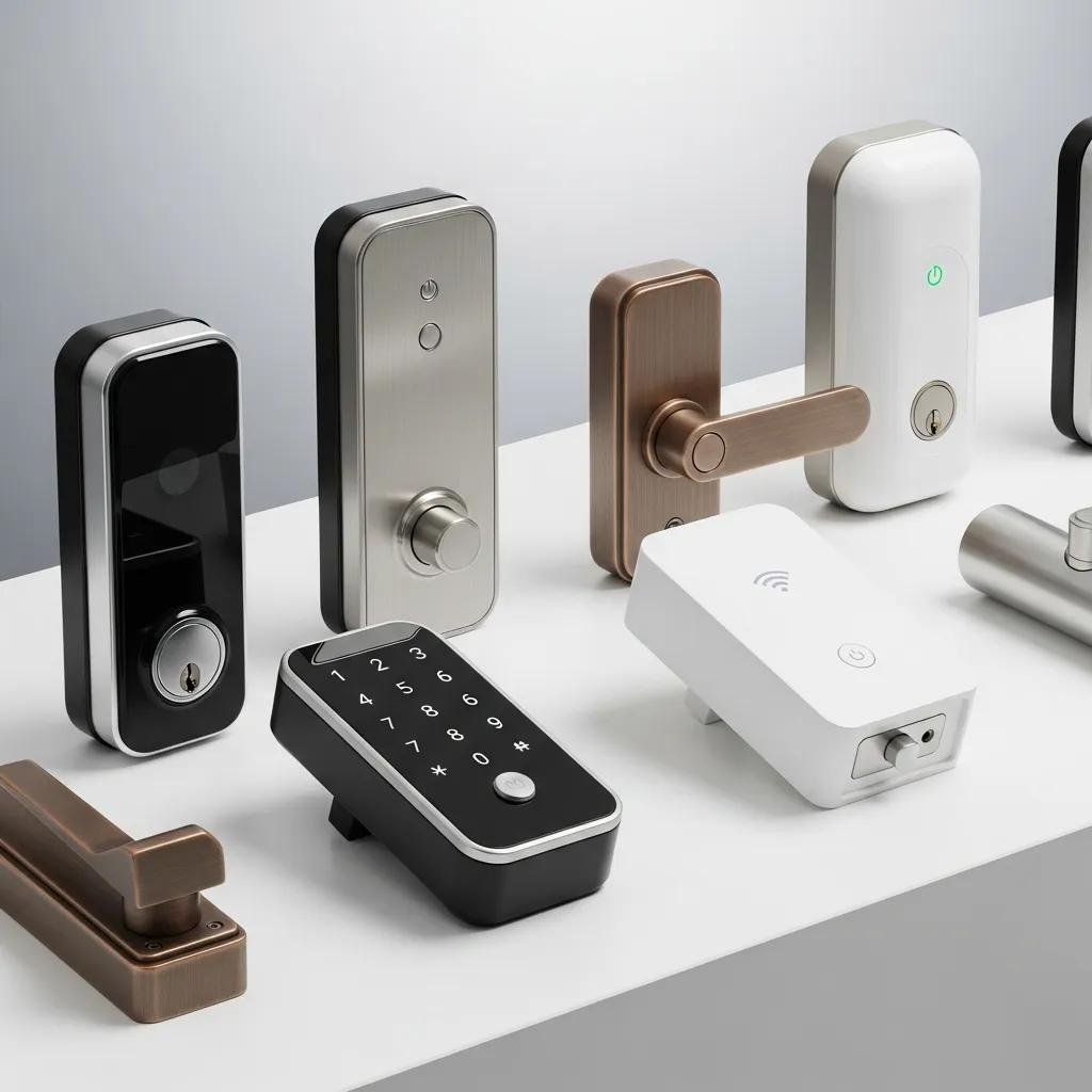 Different types of smart locks including biometric, keypad, and Wi-Fi models displayed together, showcasing advanced security features for keyless entry systems.