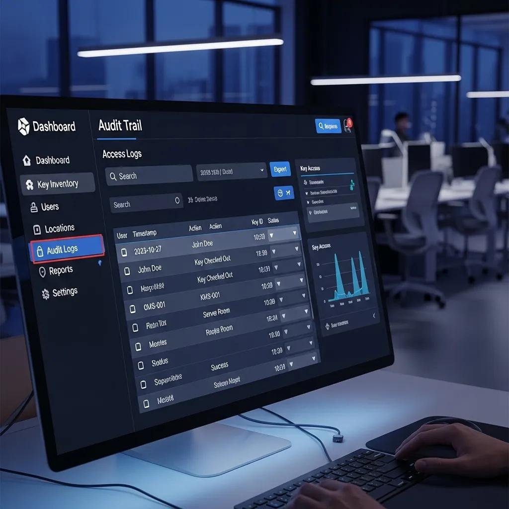 Digital interface of a key management system highlighting audit trails for improved accountability