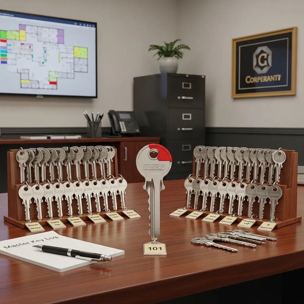 Display of a master key system with a master key and individual keys on a wooden desk in an office
